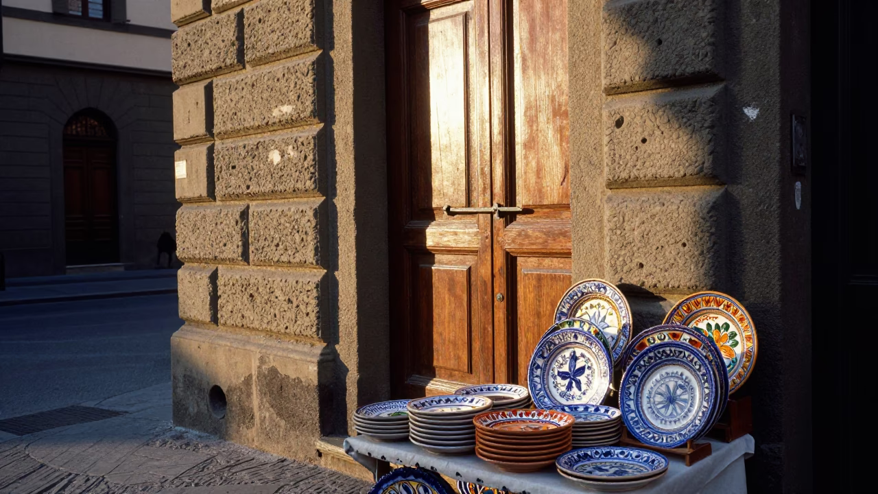 Sunlit Florence Street Corner with Majolica Plates and Morning Light in in Florence, Italy