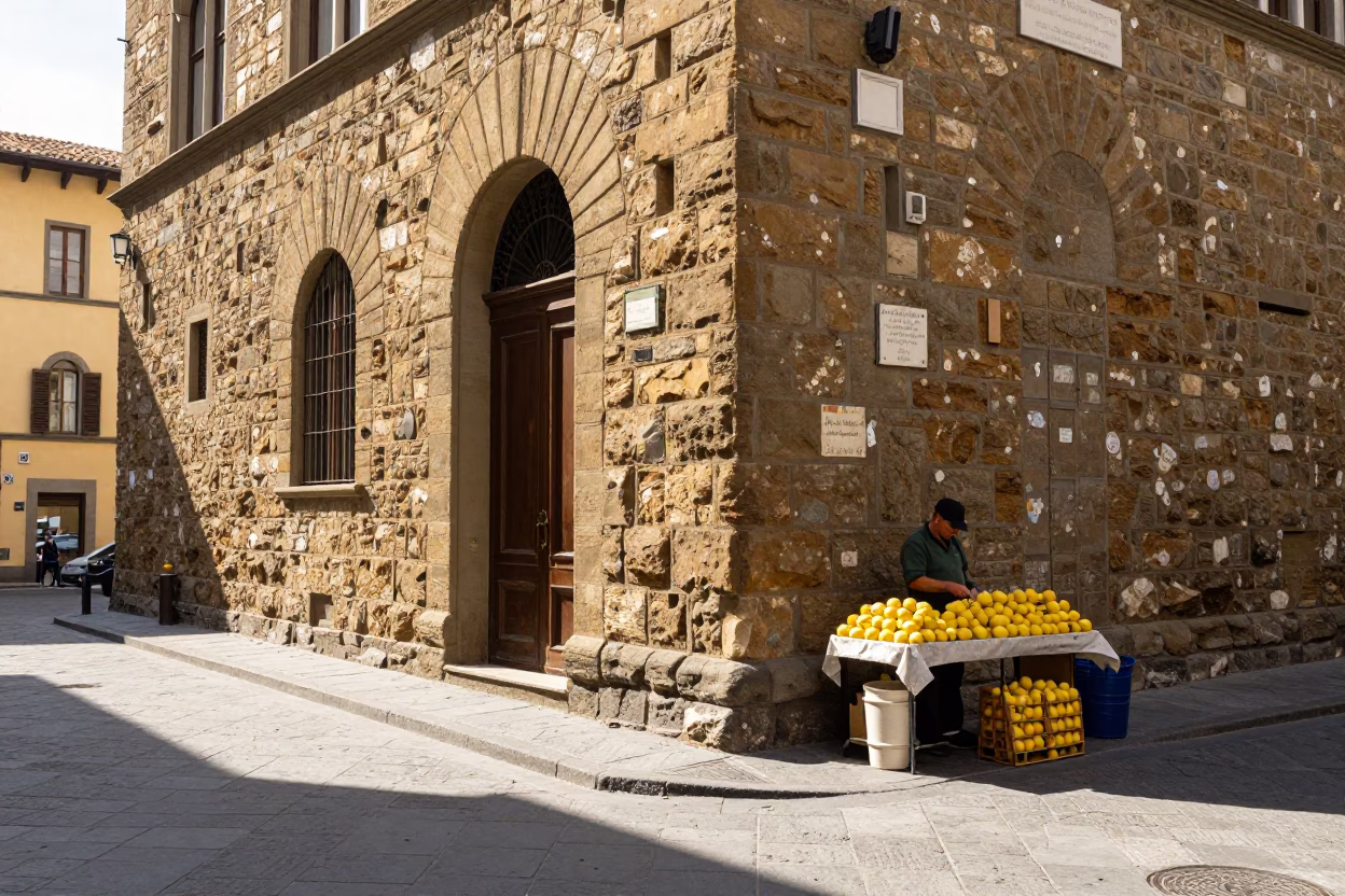 Sunlit Florence Street Corner with Stone Architecture and Local Market Goods in in Florence, Italy