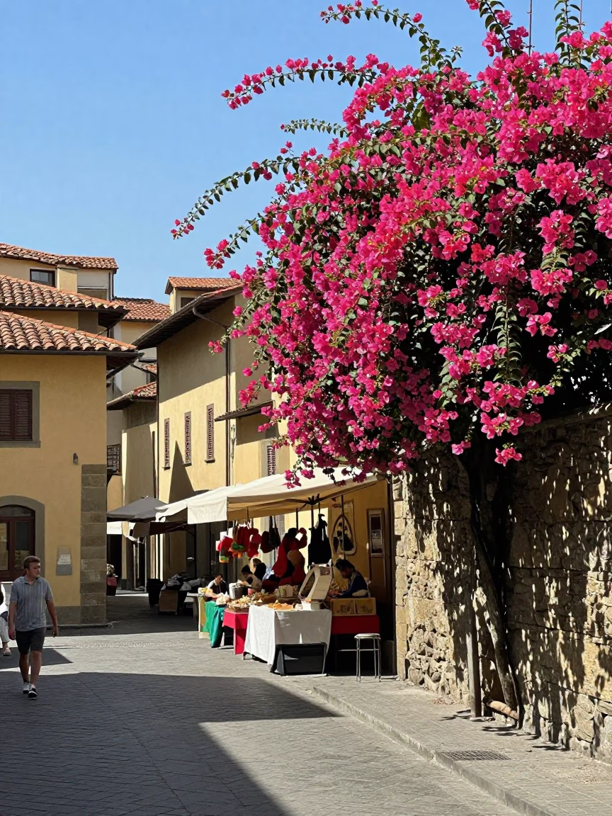 Sunlit Florence Street Scene with Bougainvillea and Local Market Activity in in Florence, Italy