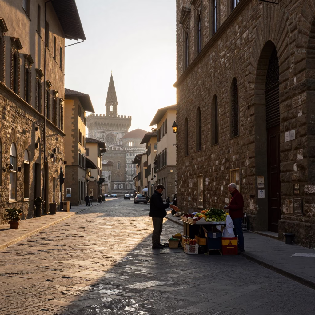Sunlit Florence Street Scene with Brushed Steel Runner and Kitchen Timer Details in in Florence, Italy