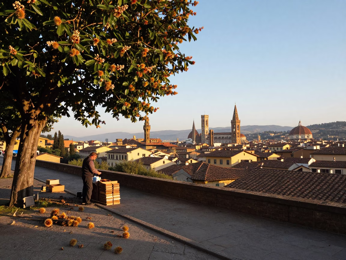 Sunlit Florence Street Scene with Chestnut Tree Husks and Local Market Activity in in Florence, Italy