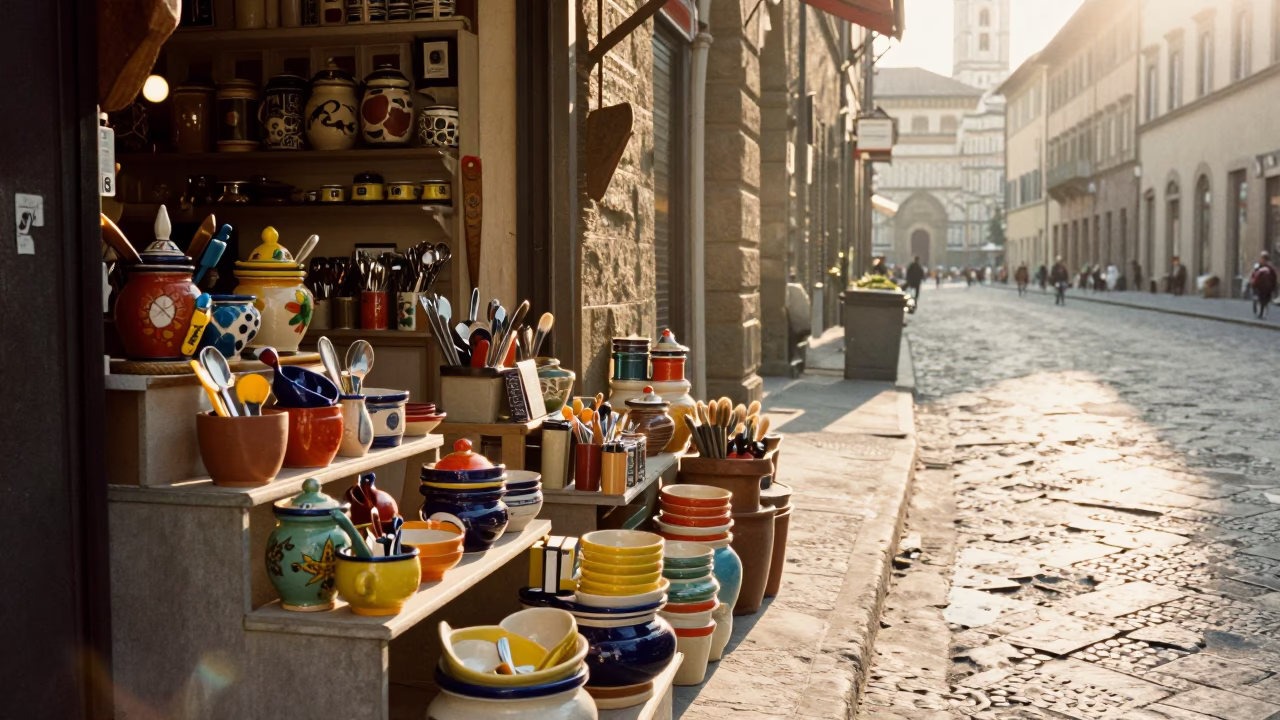 Sunlit Florence Street Scene with Colorful Utensil Jars and Morning Light in in Florence, Italy