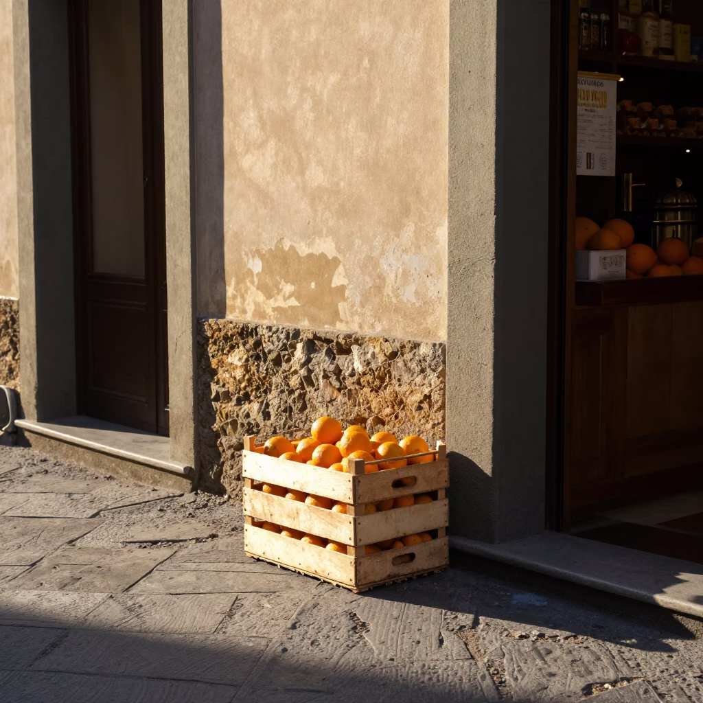 Sunlit Florence Street Scene with Fruit Crate and Local Commerce in in Florence, Italy