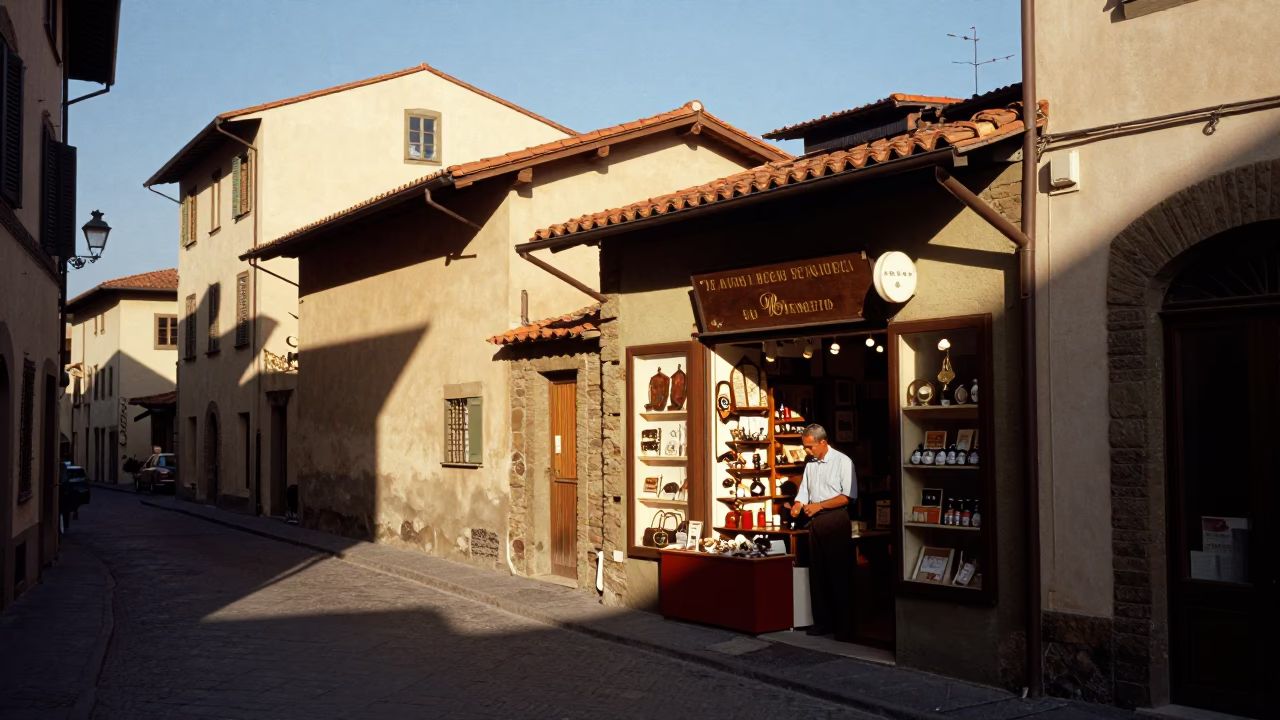 Sunlit Florence Street Scene with Local Shopkeeper and Traditional Architecture in in Florence, Italy