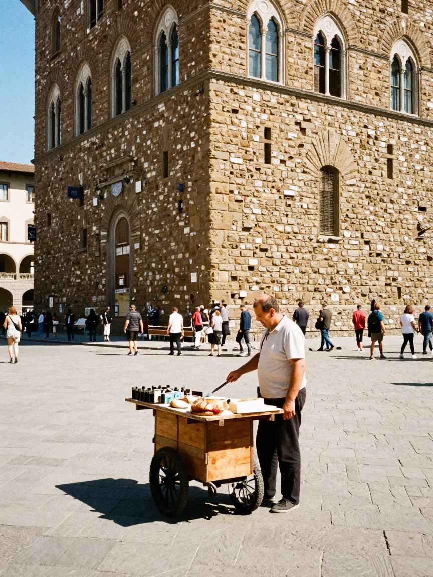Sunlit Florence Street Scene with Local Vendor and Traditional Architecture in in Florence, Italy