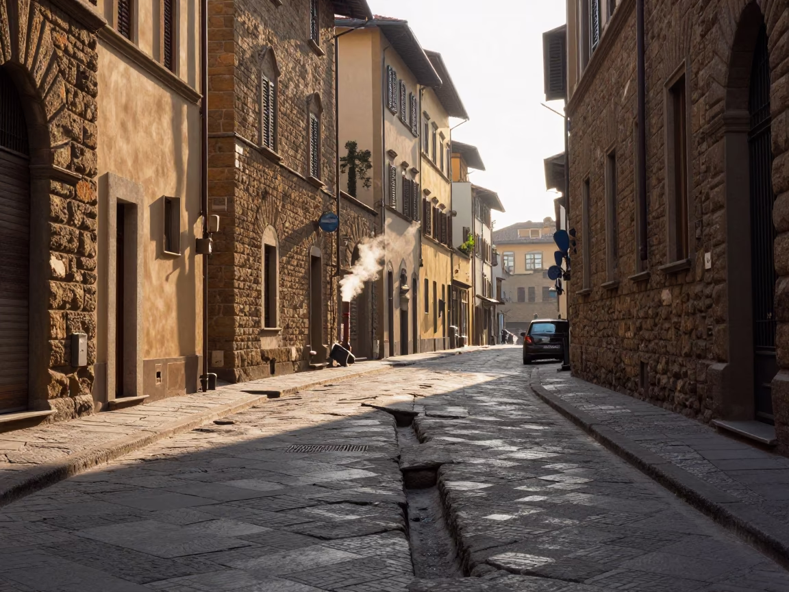 Sunlit Florence Street Scene with Steaming District Heating Pipes and Autumn Leaves in in Florence, Italy