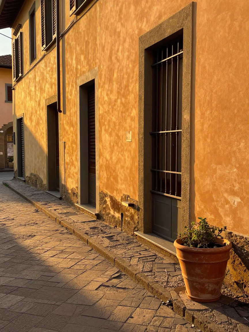 Sunlit Florence Street Scene with Terracotta Pot and Morning Light in Italy in in Florence, Italy