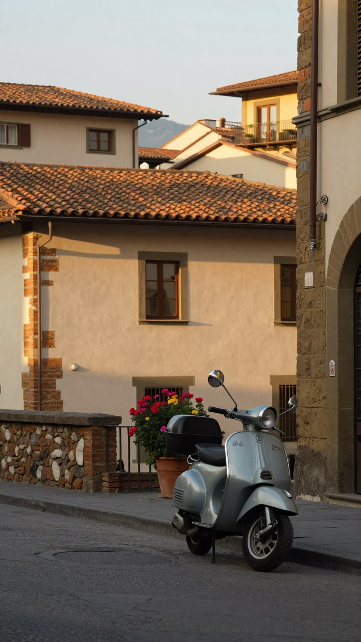 Sunlit Florence Street Scene with Vintage Scooter and Flower Vendor Basket in in Florence, Italy