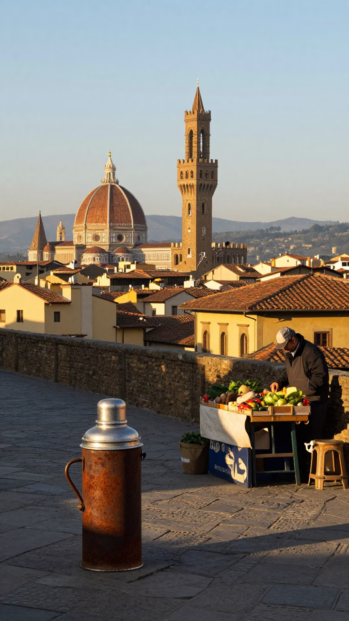 Sunlit Florence Street Scene with Vintage Thermos and Rusty Tram Details at Sunrise in in Florence, Italy