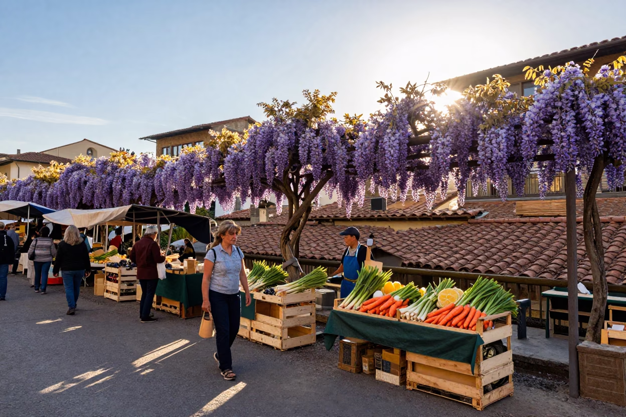 Sunlit Florence Street Scene with Wisteria and Morning Market Activity in in Florence, Italy