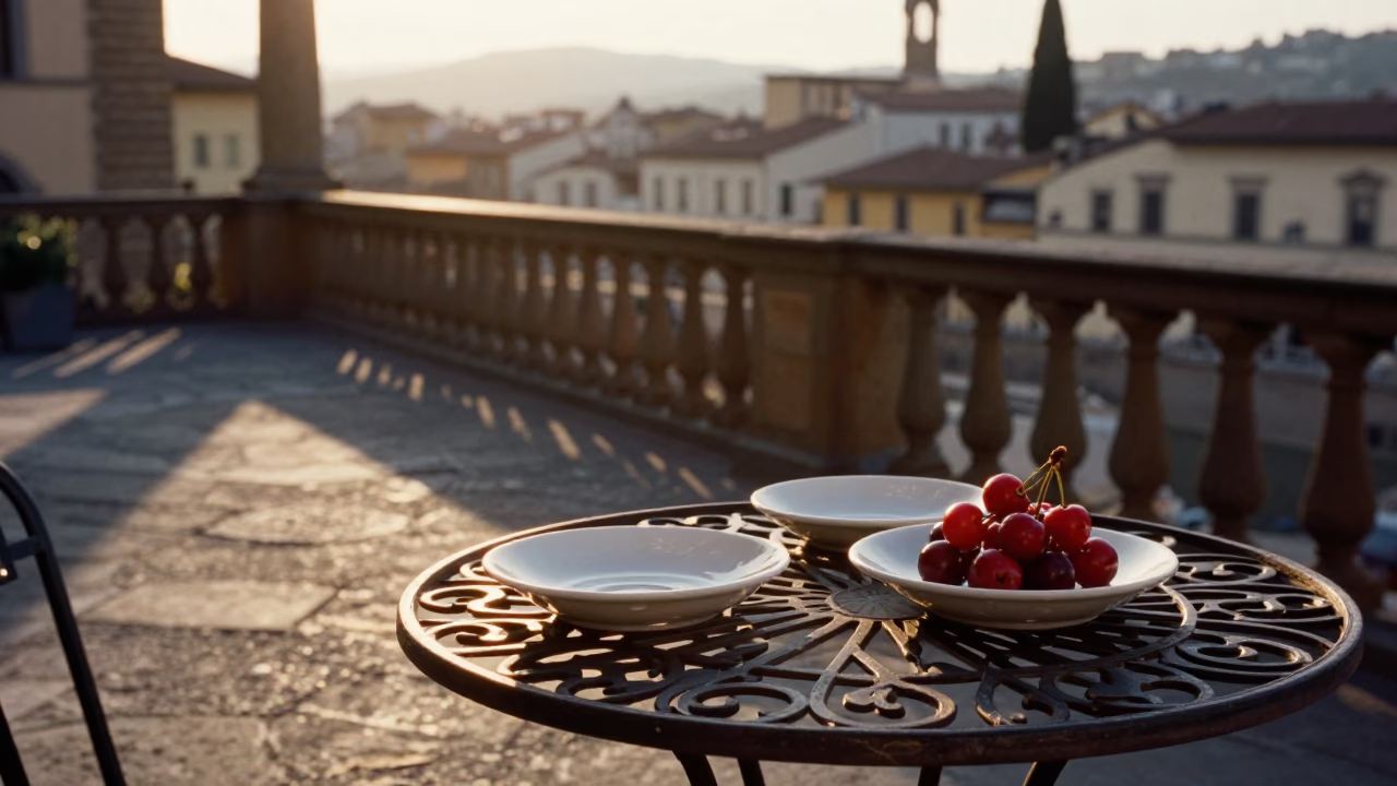 Sunlit Florence Terrace Morning with Ceramic Saucers and Cherry Blossoms in in Florence, Italy
