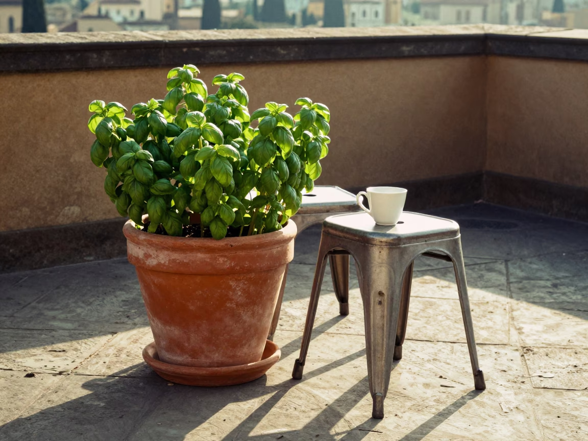 Sunlit Florence Terrace with Terracotta Pot and Metal Stools at Dawn in in Florence, Italy