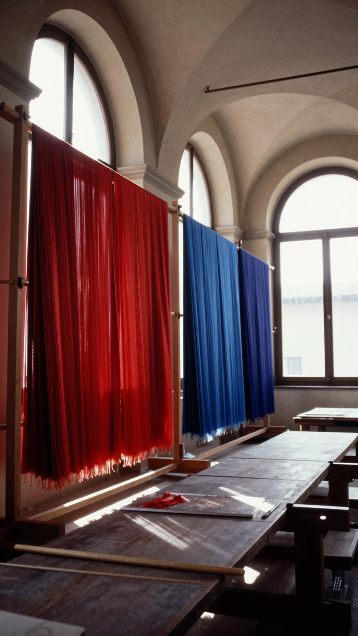 Sunlit Florence Workshop Interior with Hanging Silk Fabrics and Wooden Shelves in in Florence, Italy