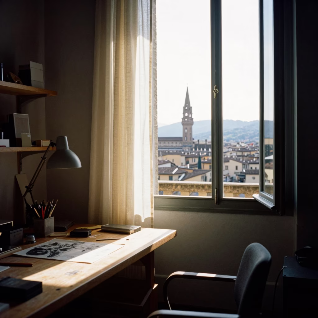 Sunlit Florence Workspace with Curtain and Natural Light in Late Morning in in Florence, Italy