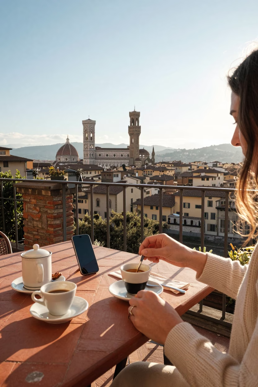 Sunlit Florentine Breakfast Terrace with Coffee and Morning Light in in Florence, Italy