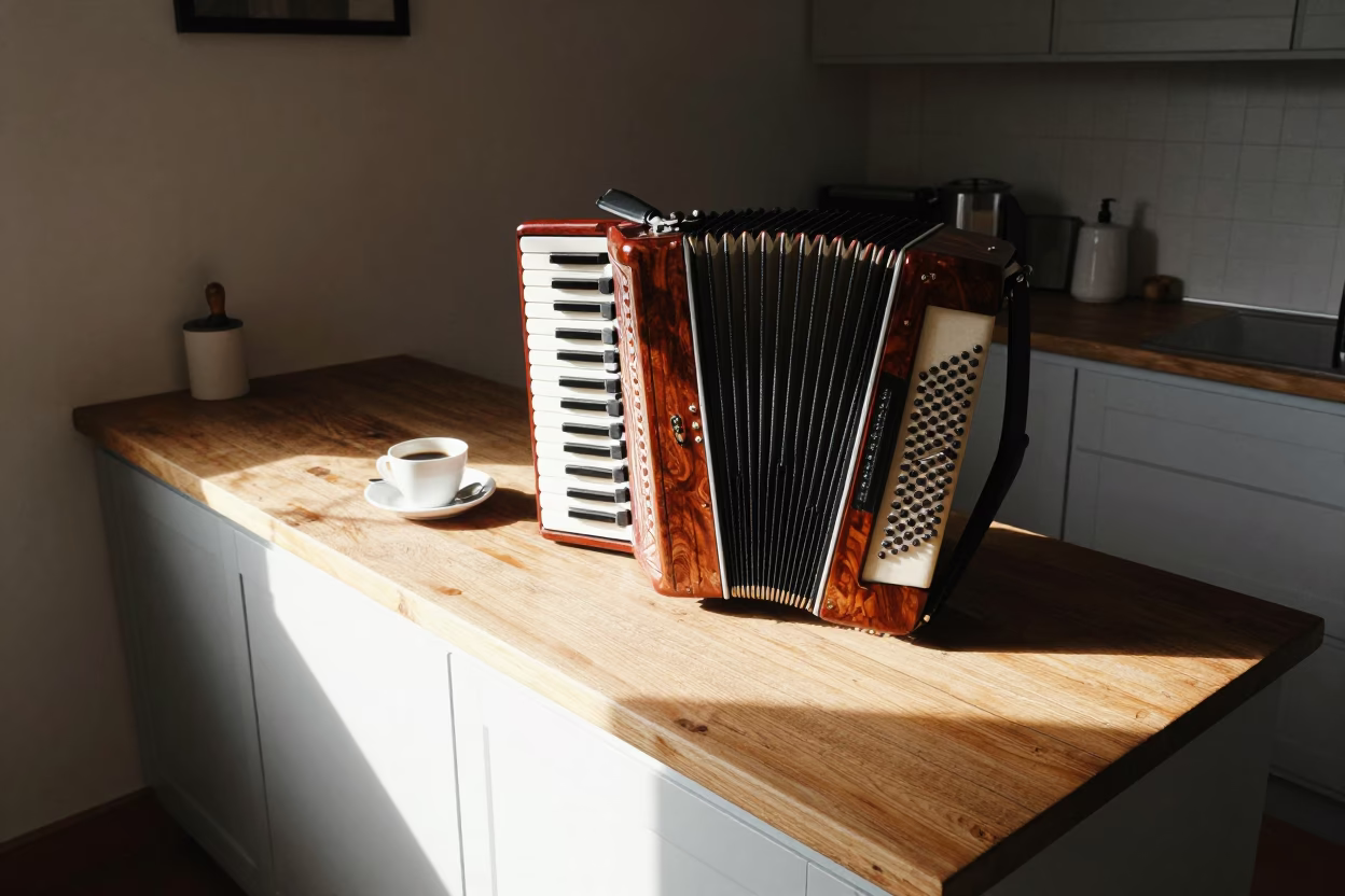 Sunlit Florentine Kitchen Counter With Accordion And Coffee Tin in in Florence, Italy