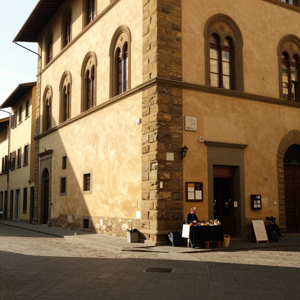 Sunlit Florentine Street Corner with Local Artisan and Traditional Architecture in in Florence, Italy