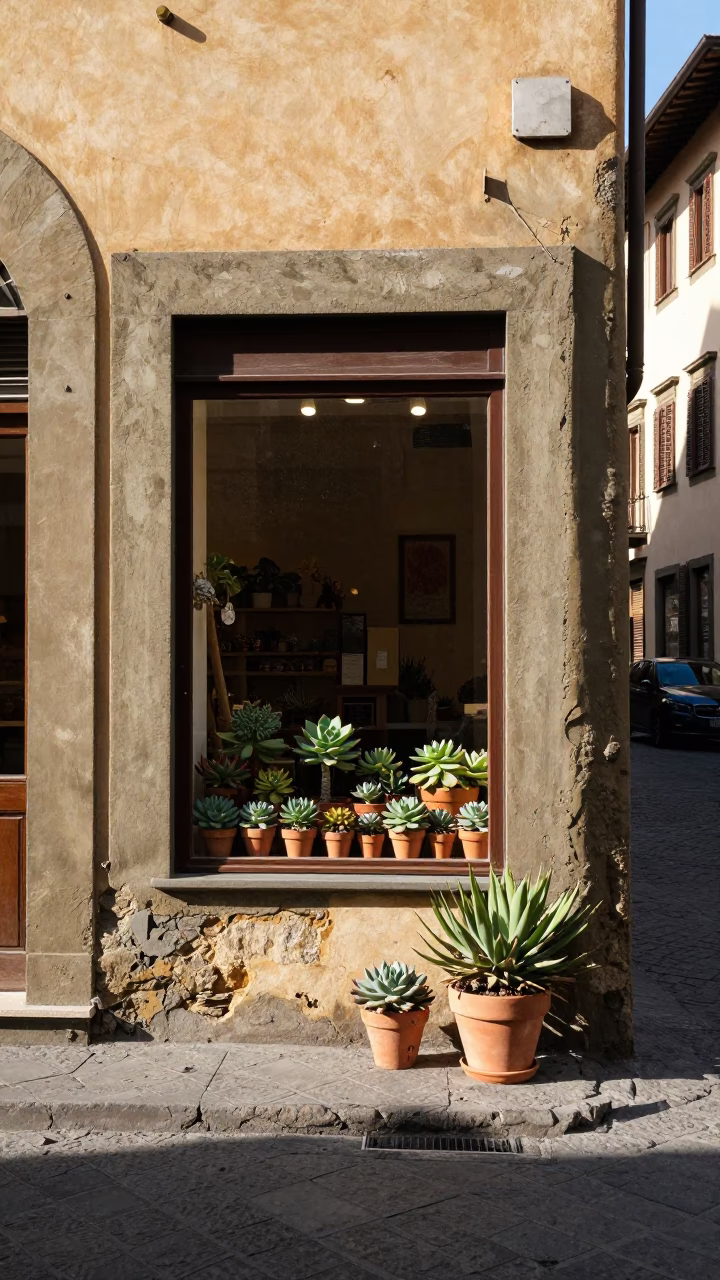 Sunlit Florentine Street Corner with Terracotta Succulents and Historic Architecture in Early Afternoon in in Florence, Italy