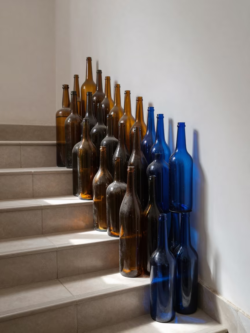 Sunlit Glass Bottles in Sulaymaniyah Stair Hall in inside a tiled stair hall in Sulaymaniyah