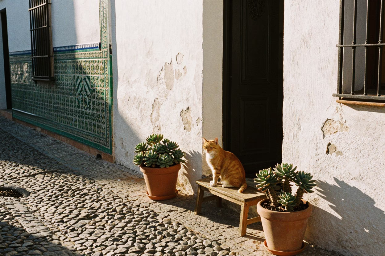 Sunlit Granada Alleyway with Orange Cat and Potted Succulents in in Granada, Spain