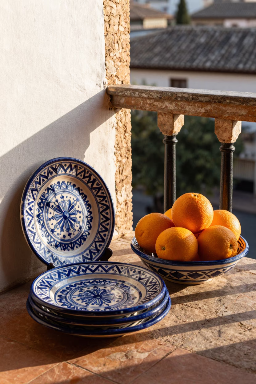 Sunlit Granada Morning with Majolica Plates and Fruit Bowl on Traditional Balcony in in Granada, Spain