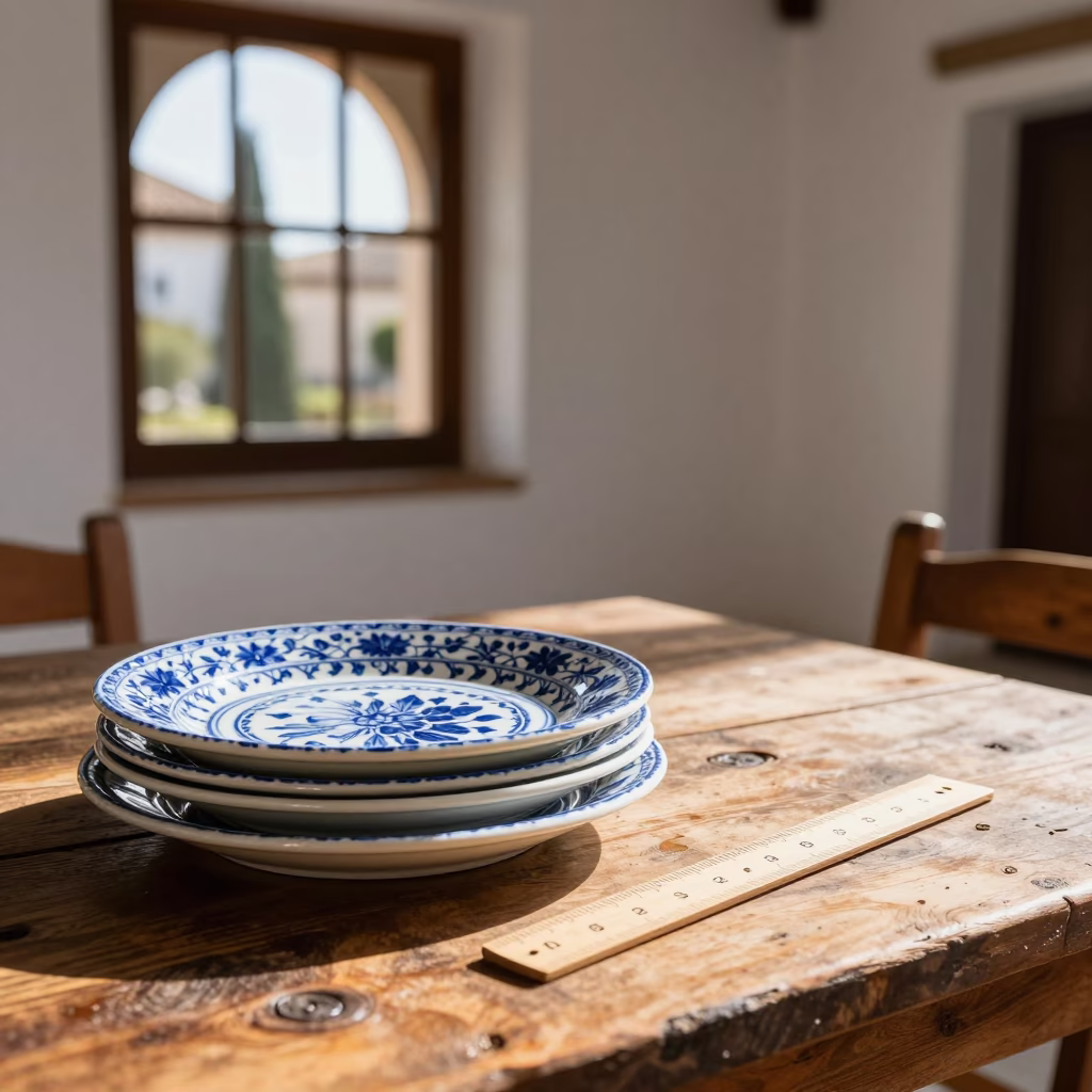 Sunlit Granada Patio Blue Porcelain and Wooden Ruler Afternoon Light in in Granada, Spain