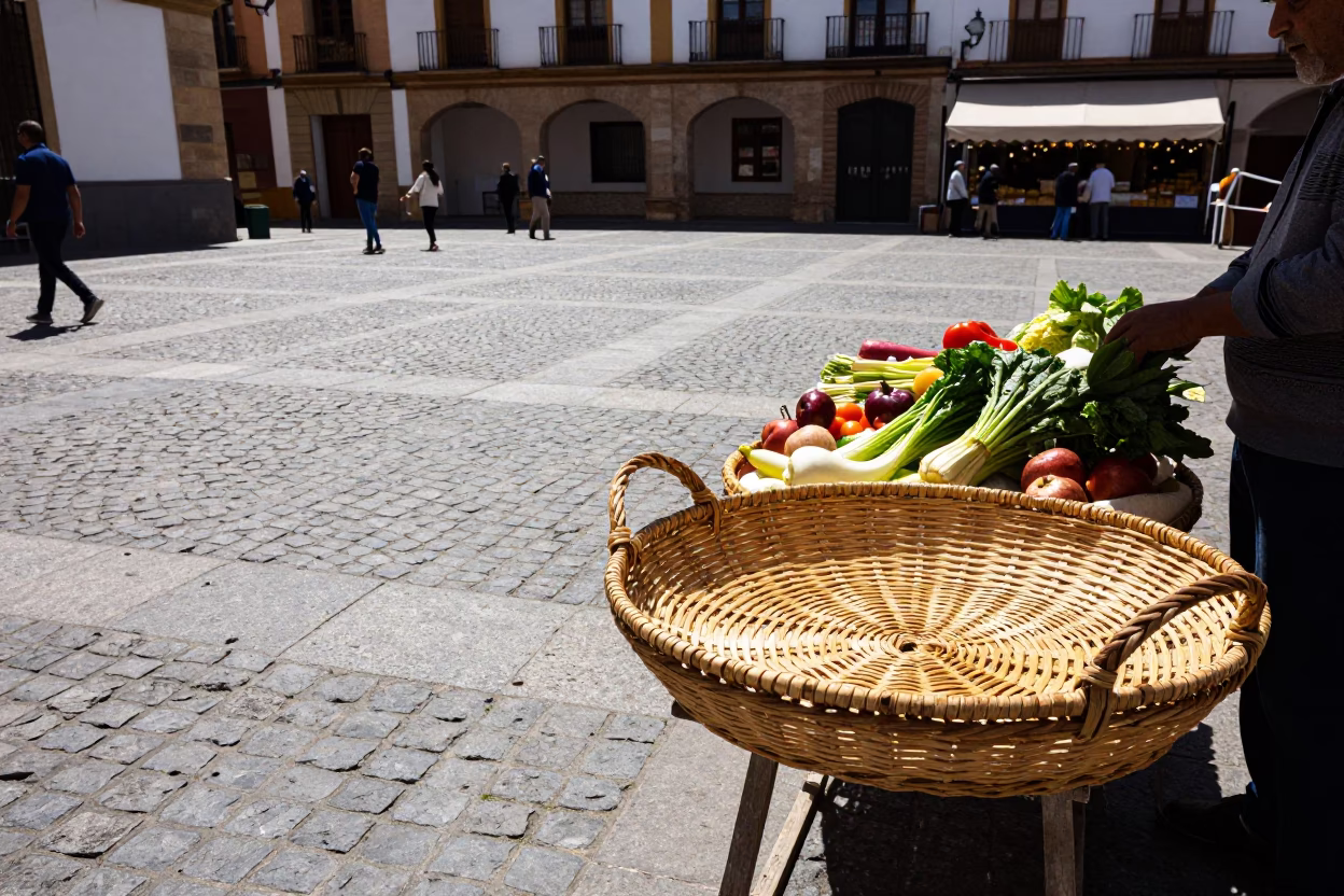 Sunlit Granada Plaza Street Scene with Basket Tray and Local Commerce in in Granada, Spain