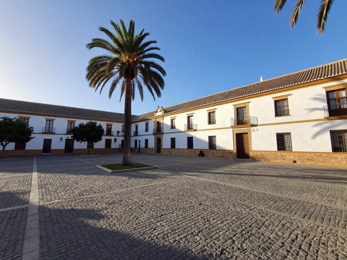 Sunlit Granada Plaza with Date Palm and Traditional Plaster Architecture in in Granada, Spain