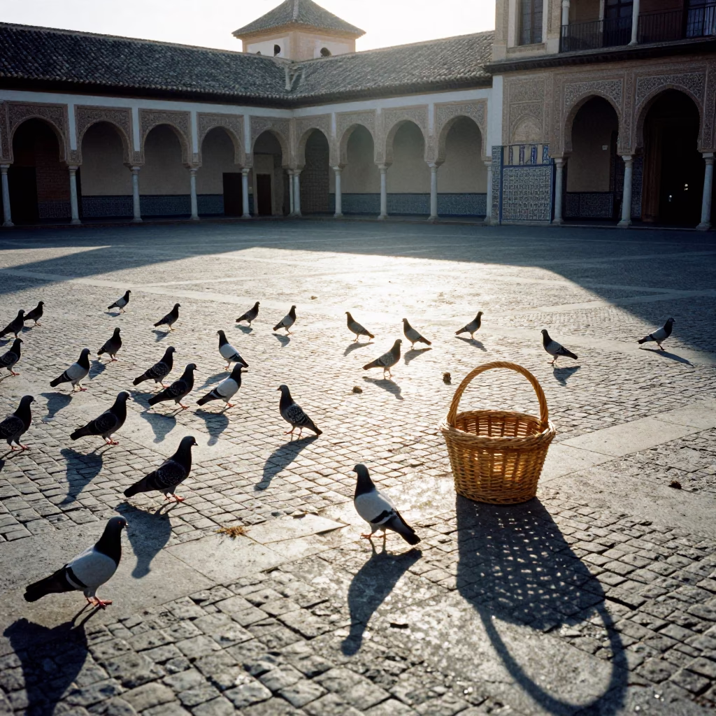 Sunlit Granada Plaza with Pigeons and Wicker Basket Shadow in in Granada, Spain