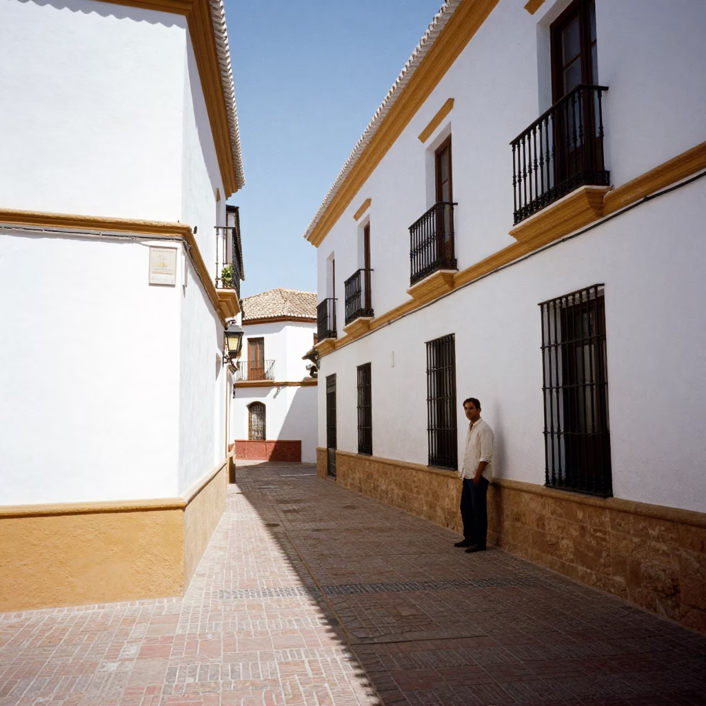 Sunlit Granada Plaza with White Plaster Walls and Terracotta Pots in Midday Light in in Granada, Spain