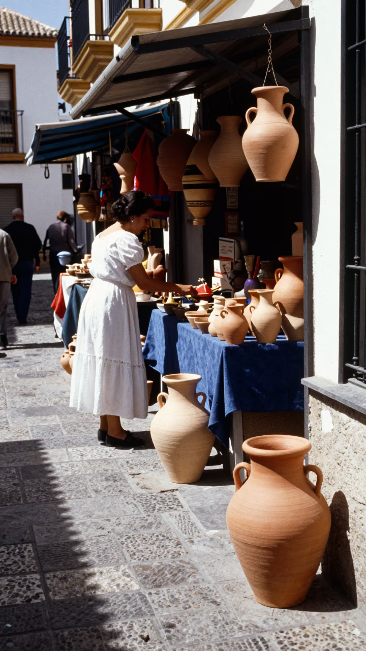 Sunlit Granada Street Scene with Clay Pot and Watering Jug in Spain in in Granada, Spain
