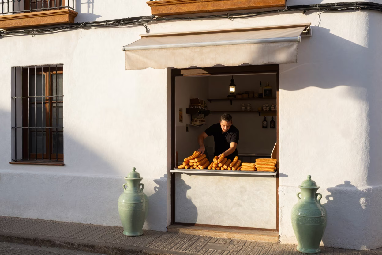 Sunlit Granada Street Scene with Jade Ceramic and Garlic Press in in Granada, Spain