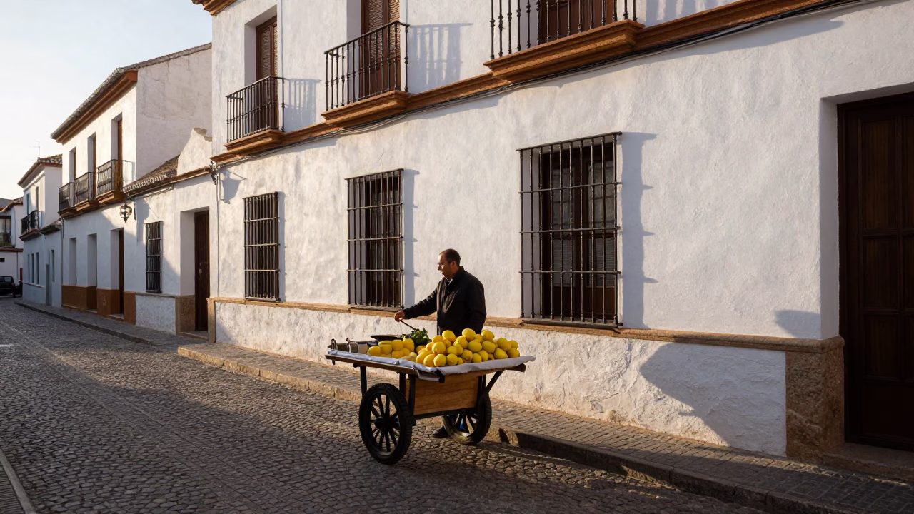 Sunlit Granada Street Scene with Lemon Vendor and Traditional White Washed Walls in in Granada, Spain