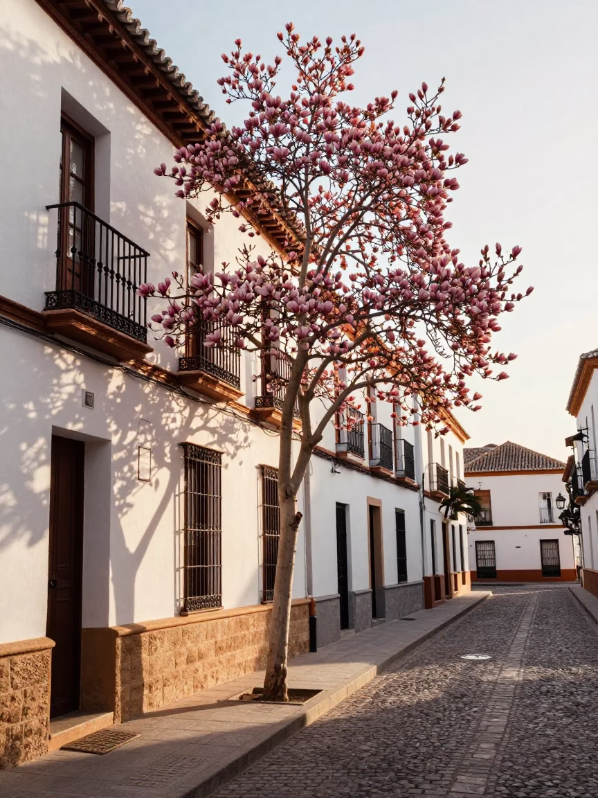 Sunlit Granada Street Scene with Magnolia Bloom and Traditional Spanish Architecture in in Granada, Spain