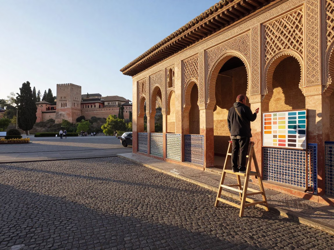 Sunlit Granada Street Scene with Muralist Sample Swatches and Local Architecture in in Granada, Spain
