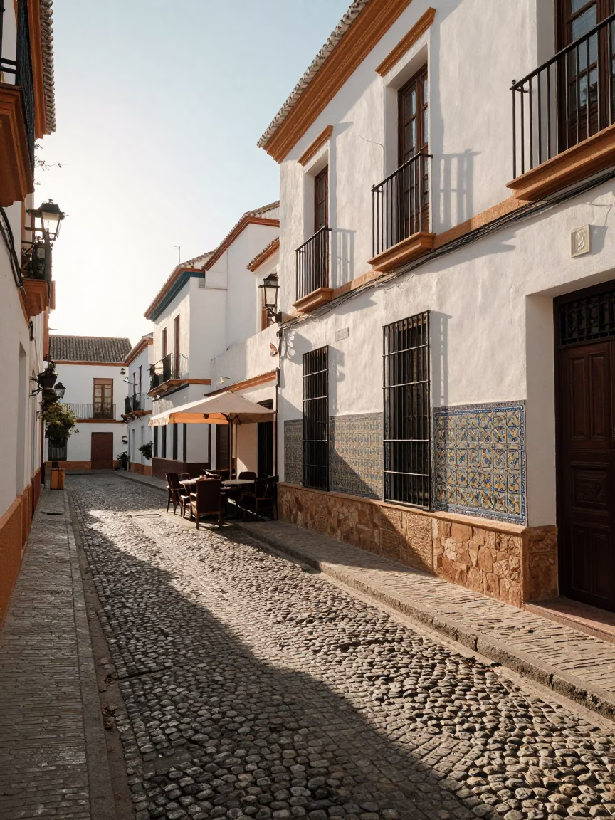 Sunlit Granada Street Scene with Traditional Tile Work and Morning Light in in Granada, Spain