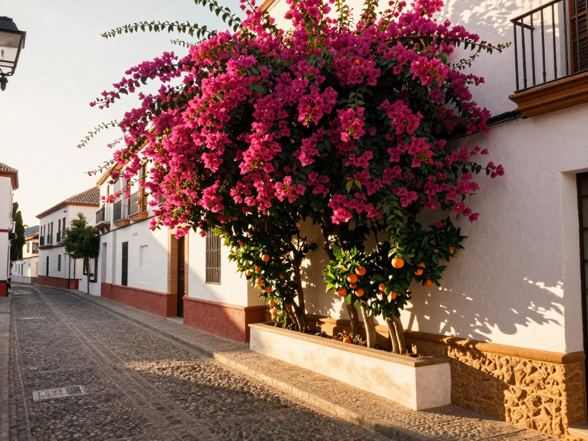 Sunlit Granada Street with Bougainvillea and Oranges at Sunrise in in Granada, Spain