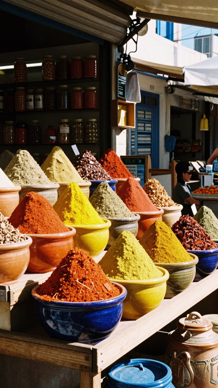 Sunlit Greek Market Stall Displaying Colorful Spices and Fresh Produce in in Athens, Greece