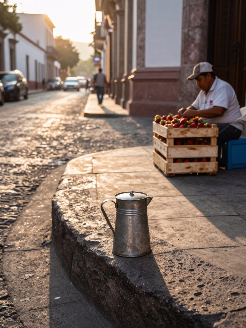 Sunlit Guadalajara Street Corner with Coffee Tin and Morning Pedestrians in 1980s Mexico in in Guadalajara, Mexico