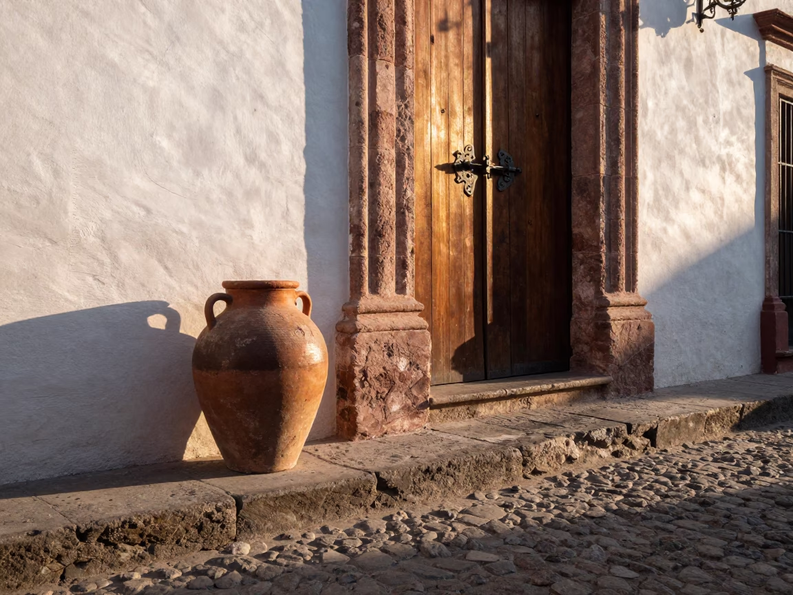 Sunlit Guadalajara Street Scene with Vintage Jar and Latch Details in in Guadalajara, Mexico