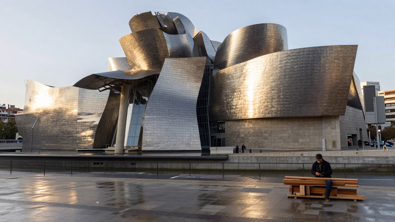 Sunlit Guggenheim Facade Reflections on Bilbao Street with Local Artisan in in Bilbao, Spain