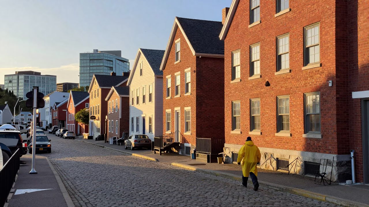 Sunlit Halifax Harbour Street Scene with Red Brick Architecture and Morning Commuters in in Halifax, Nova Scotia, Canada