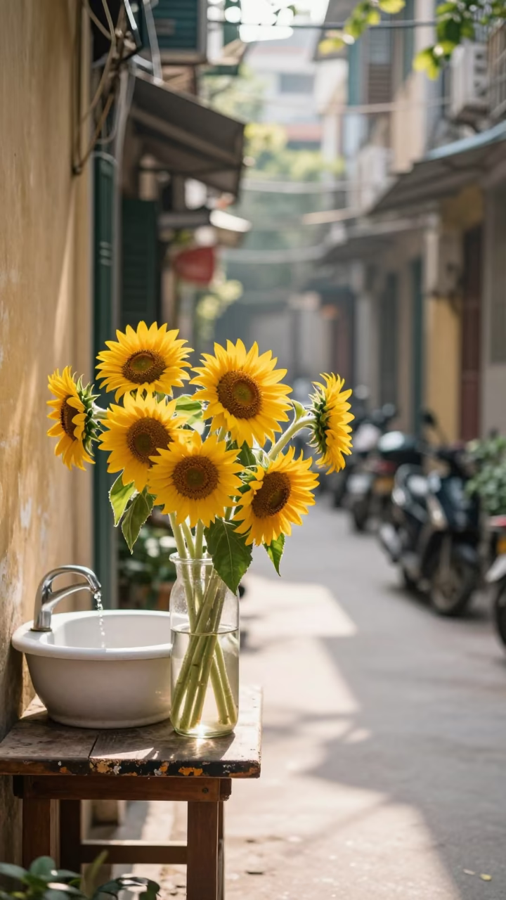 Sunlit Hanoi Alleyway Morning with Sunflowers and Wash Basin in in Hanoi, Vietnam