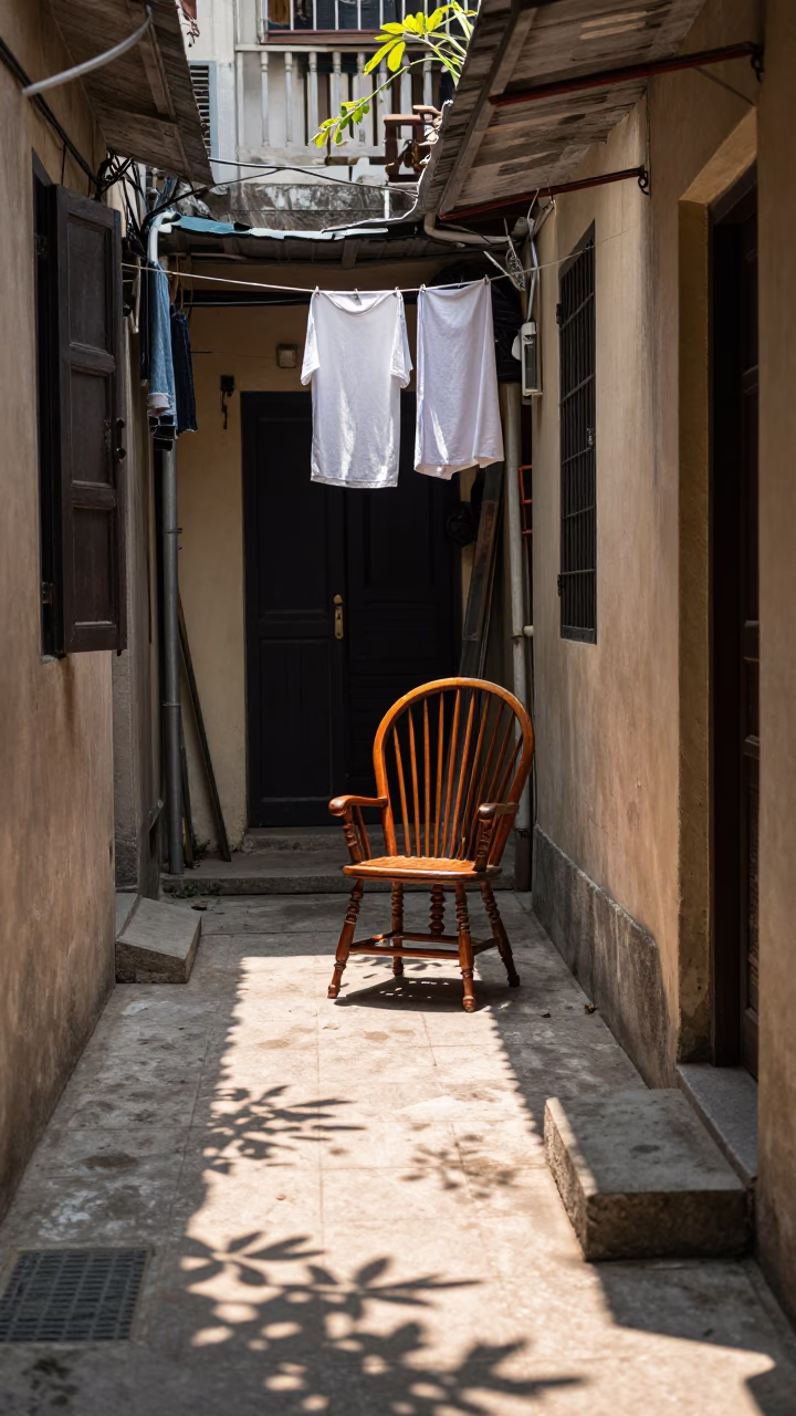 Sunlit Hanoi Alleyway with Spindle Chair and Hanging Laundry in in Hanoi, Vietnam