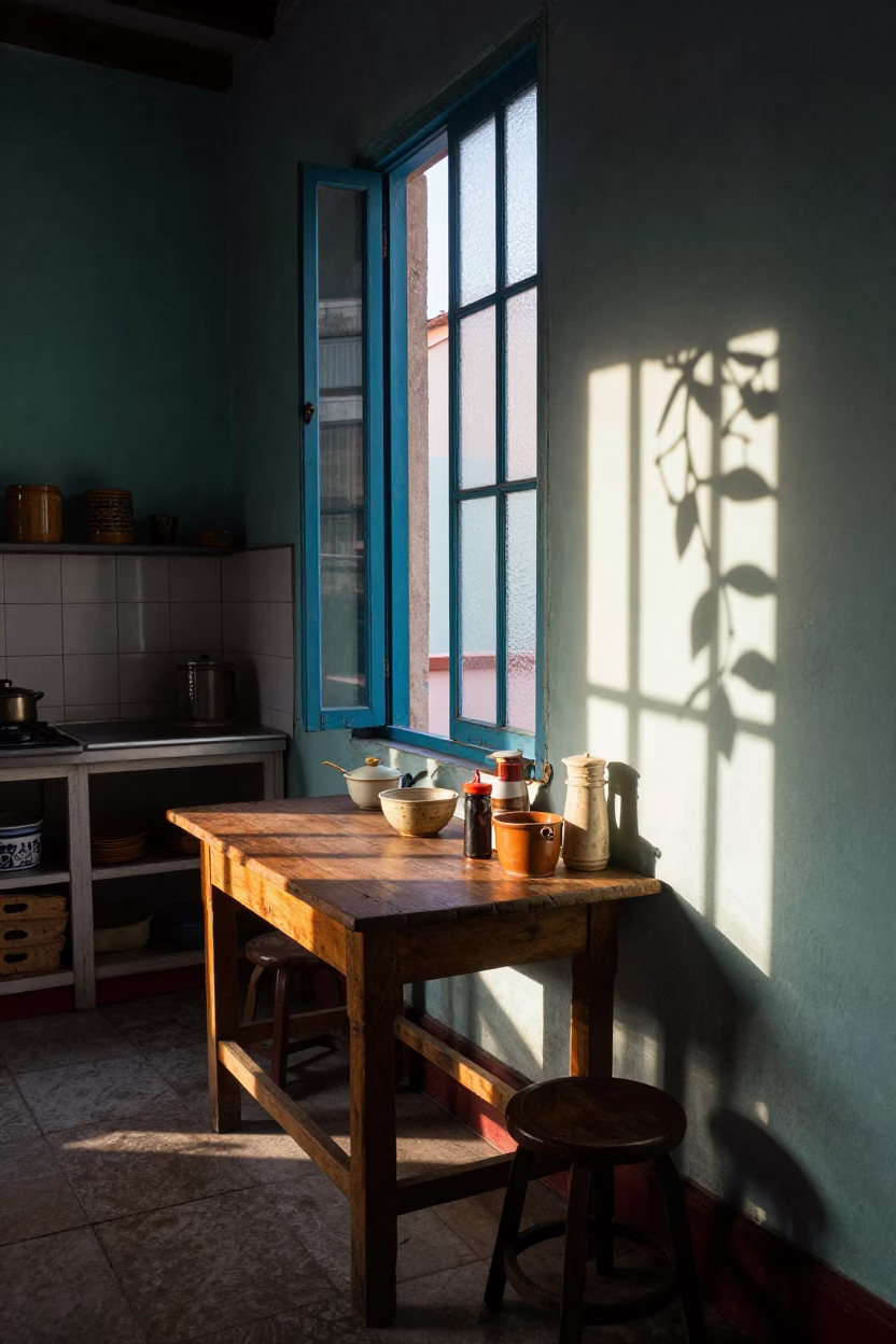 Sunlit Havana Kitchen Interior with Vine Shadow and Colored Glass Bottle in in Havana, Cuba