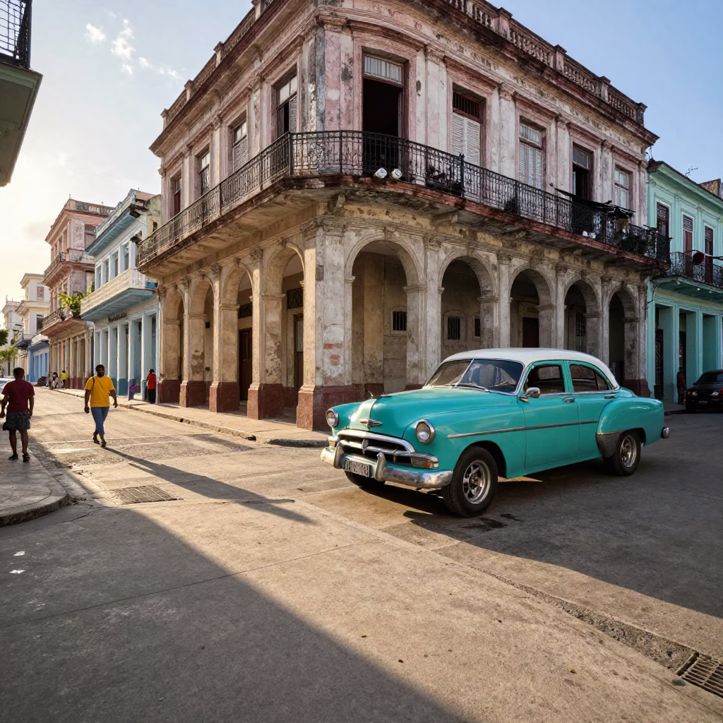Sunlit Havana Street Corner with Classic 1950s American Car and Local Morning Activity in in Havana, Cuba