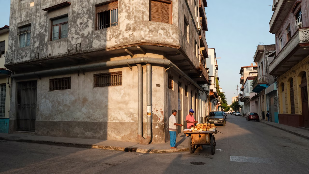 Sunlit Havana Street Corner with District Heating Pipes and Daily Life in in Havana, Cuba