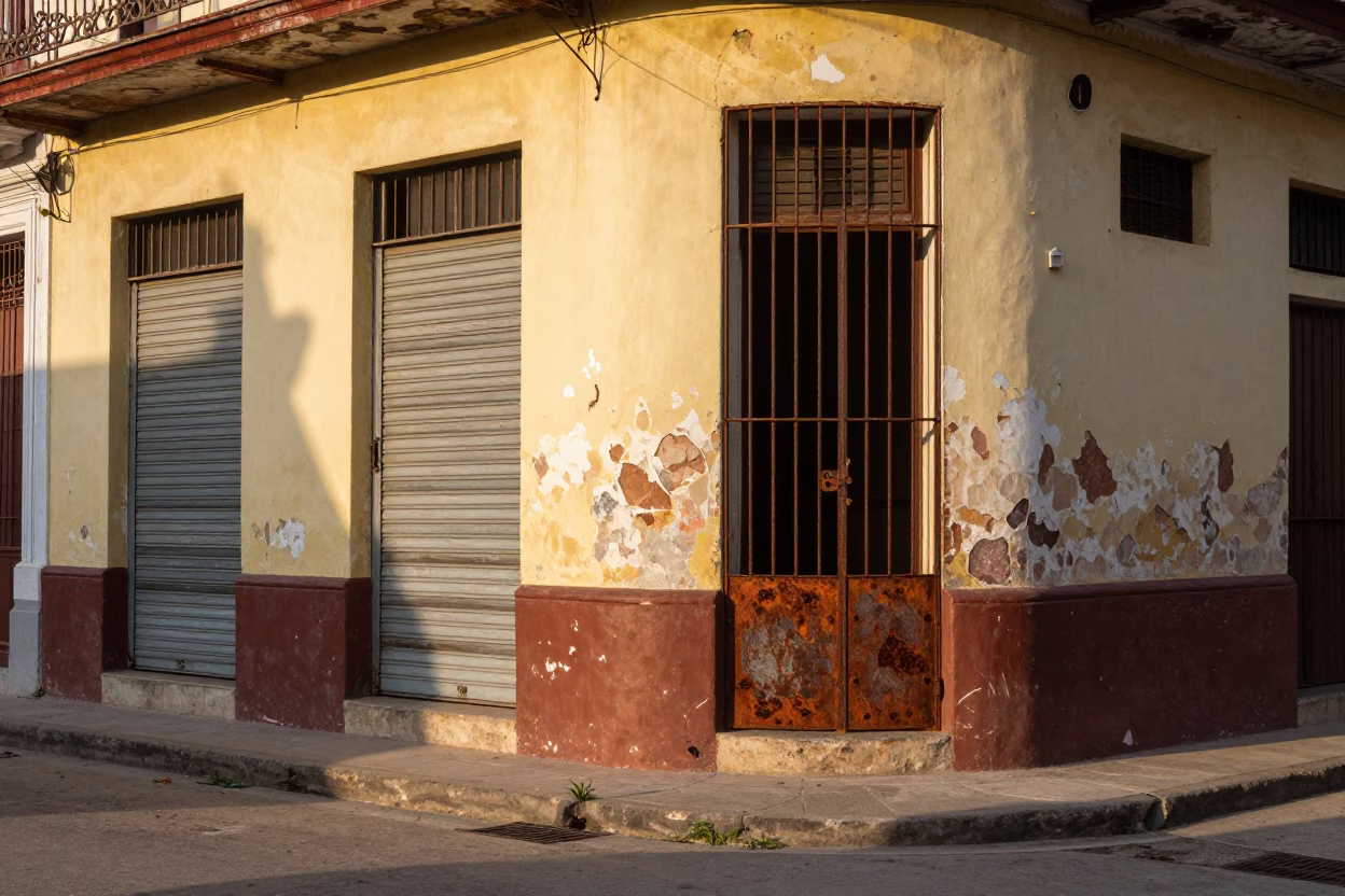 Sunlit Havana Street Corner with Rusty Metal Shutters and Ceramic Pots in in Havana, Cuba
