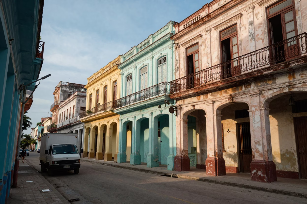 Sunlit Havana Street Scene with Colorful Colonial Architecture and Morning Light in in Havana, Cuba