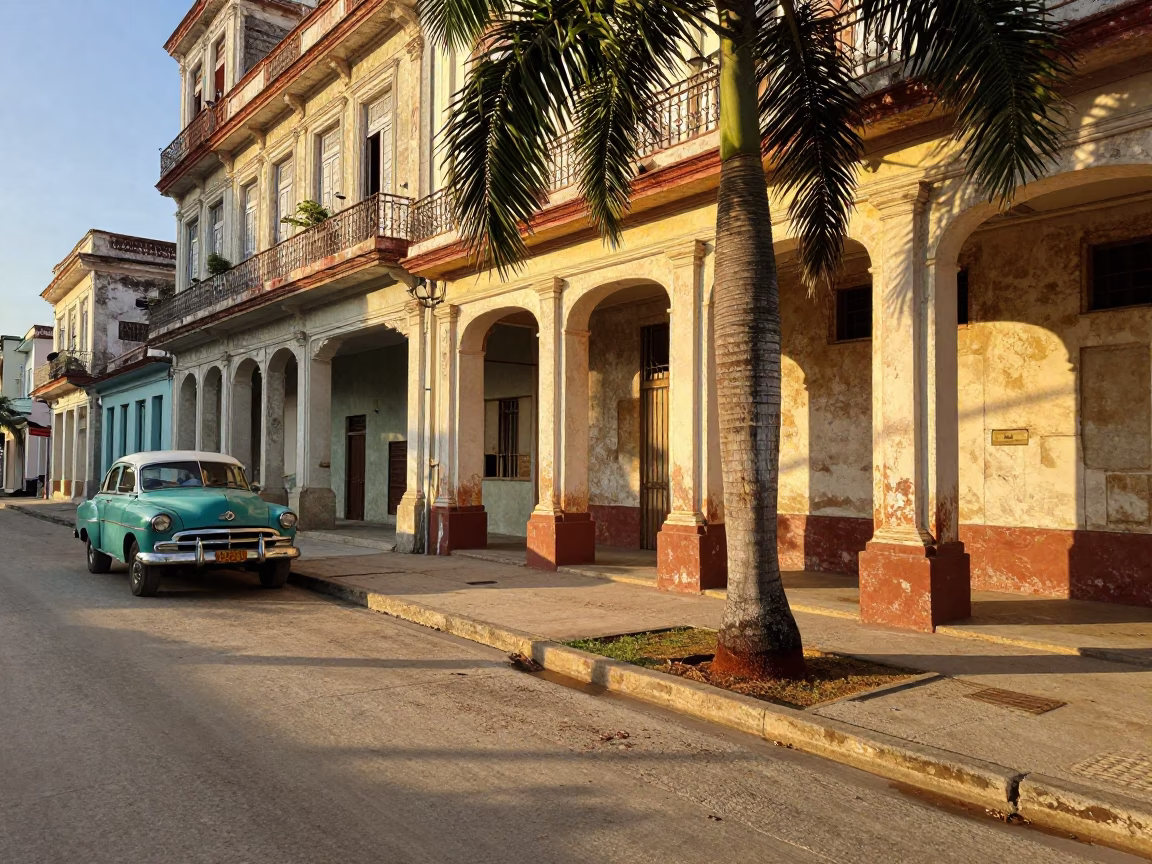 Sunlit Havana Street Scene with Vintage Car and Palm Tree Clusters in in Havana, Cuba